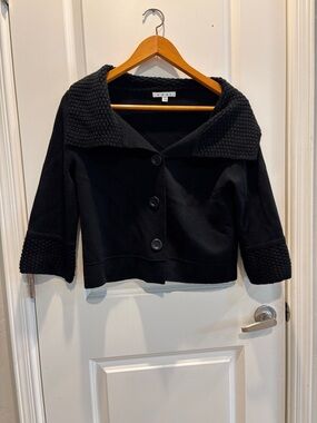 CAbi Black Cropped Button Cardigan with Textured Collar